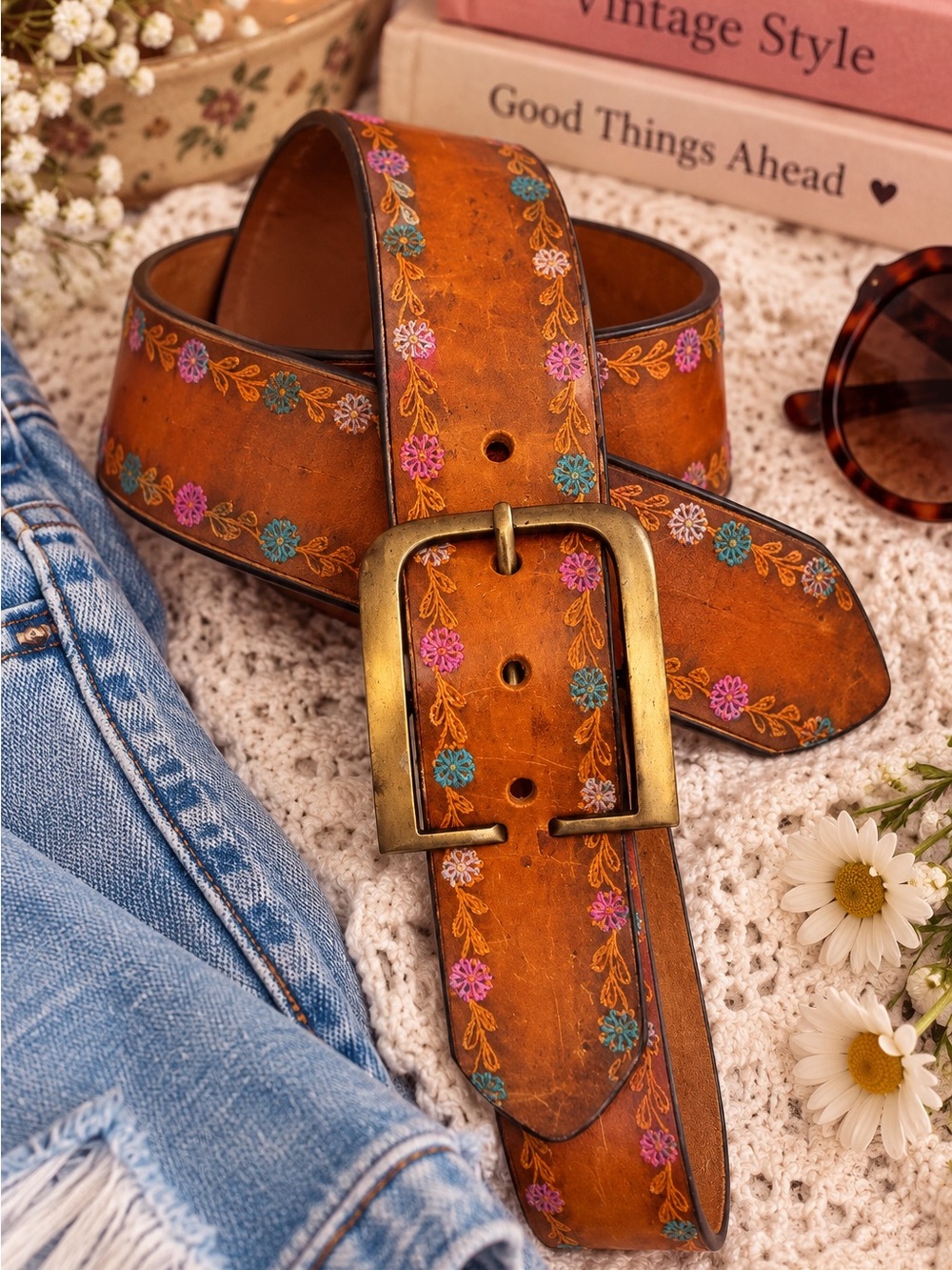 Vintage Hickok Hand Tooled Floral Leather Belt 30 Boho Western Embroidered Brass
